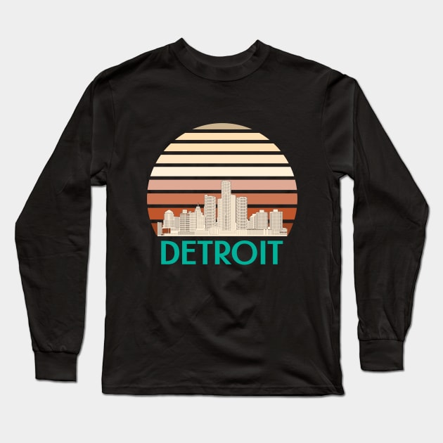 Detroit city skyline skyscraper vintage Long Sleeve T-Shirt by thegoldenyears